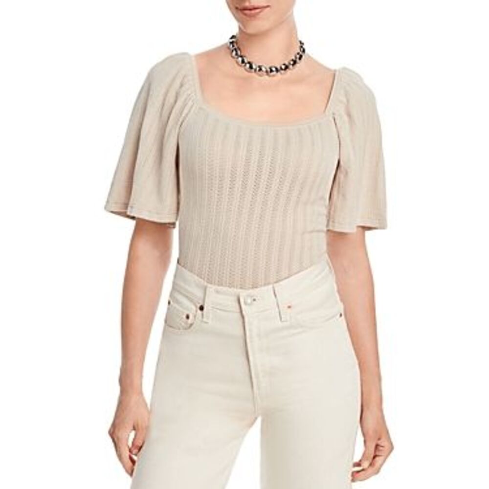 T Tahari Women's Square-Neck Flutter-Sleeve Sweater - Tan Palm L